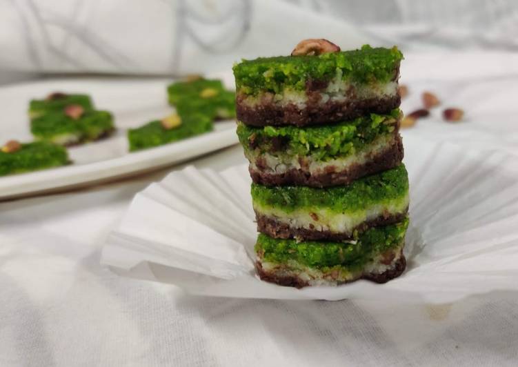 Triple layer pista Coconut chocolate Burfi