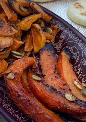Une photo de Potiron et patates douces caramélisés
