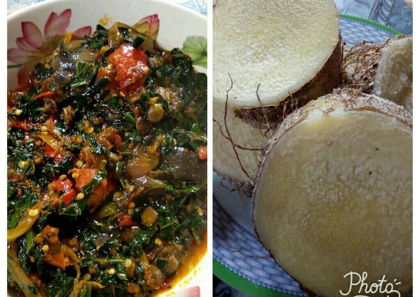 Purple eggplant sauce with unpeeled boiled yam