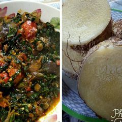 Purple eggplant sauce with unpeeled boiled yam A picture of Purple eggplant sauce with unpeeled boiled yam.