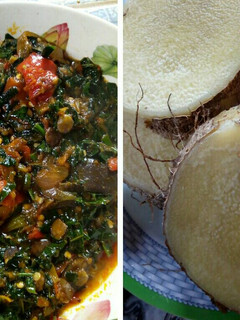 A picture of Purple eggplant sauce with unpeeled boiled yam.