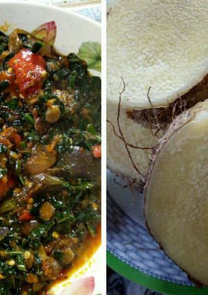 A picture of Purple eggplant sauce with unpeeled boiled yam.