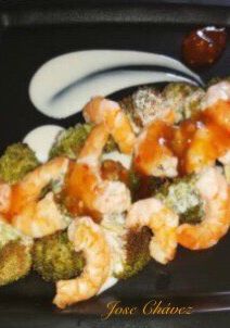 Una foto de Brécol y Langostinos con un toque agridulce
