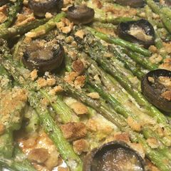 A picture of Roasted Asparagus with Mushrooms.
