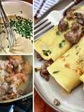 Wagyu Breakfast Sausage, Mushroom, and Chive Crepes
