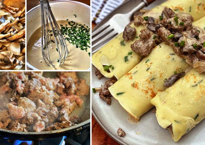 Simple Way to Prepare Speedy Wagyu Breakfast Sausage, Mushroom, and Chive Crepes