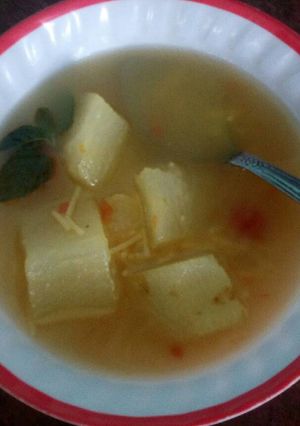 Una foto de Ichintal (raíz de güisquil) en su jugo con fideos