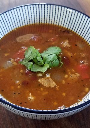 A picture of Spicy Front Street Heat pork tenderloin soup.