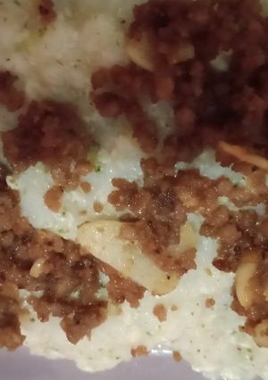 Foto resep Bubur tim dengan tumis daging giling, tahu, brokoli, sawi putih