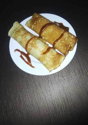 A picture of Crêpe with homemade caramel syrup.