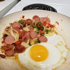 A picture of Sausage and Sunny Side Egg.