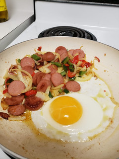 A picture of Sausage and Sunny Side Egg.