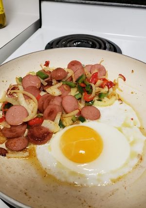A picture of Sausage and Sunny Side Egg.
