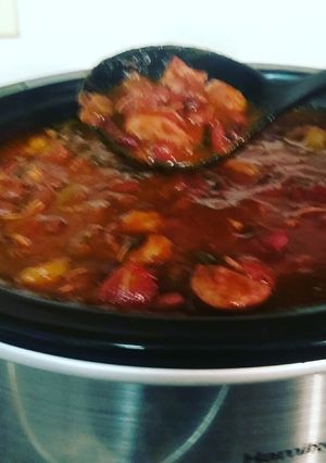 A picture of Red Beans & Rice w/ shrimp, chicken & sausage.