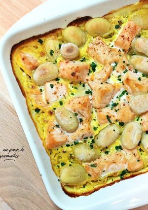 Une photo de Gnocchis saumon poireaux curcuma
