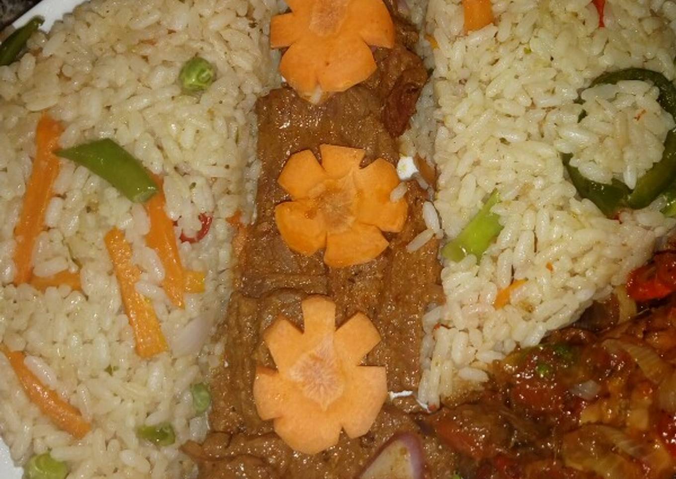 Cinnamon rice with suya and peppered grilled chicken
