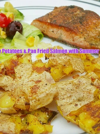 Easy Steps to Make Recipe Crispy Potatoes &amp; Pan Fried Salmon with Summer Salad that is  Makes Drooling, Perfect}