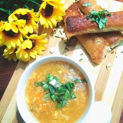 Hot and Sour Soup with Crispy Cheese Bread Rolls A picture of Hot and Sour Soup with Crispy Cheese Bread Rolls.