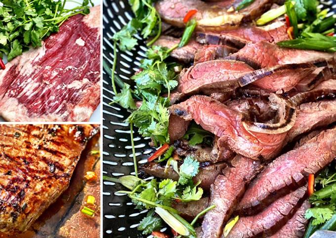 Steps to Prepare Perfect Grilled Wagyu Flank Steak with Cilantro-Scallion Salad