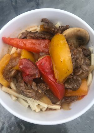 A picture of Pepper Steak with Kluski Noodles.