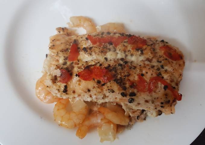 My Chilli Garlic Salmon and king Prawn Bake