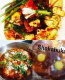 Shakshuka with warm garlic bread (poached eggs in spicy sauces)