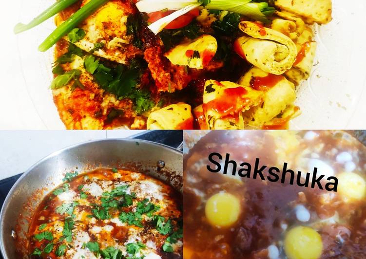 Easiest Way to Make Award-winning Shakshuka with warm garlic bread (poached eggs in spicy sauces)