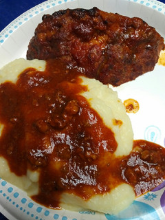 A picture of Meatloaf and Mashed Potatoes.