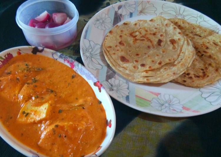 Butter paneer,laccha paratha with onion vinegar salad