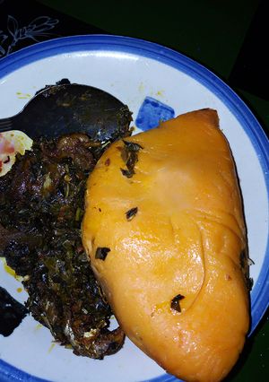 A picture of Moi moi and vegetable soup.