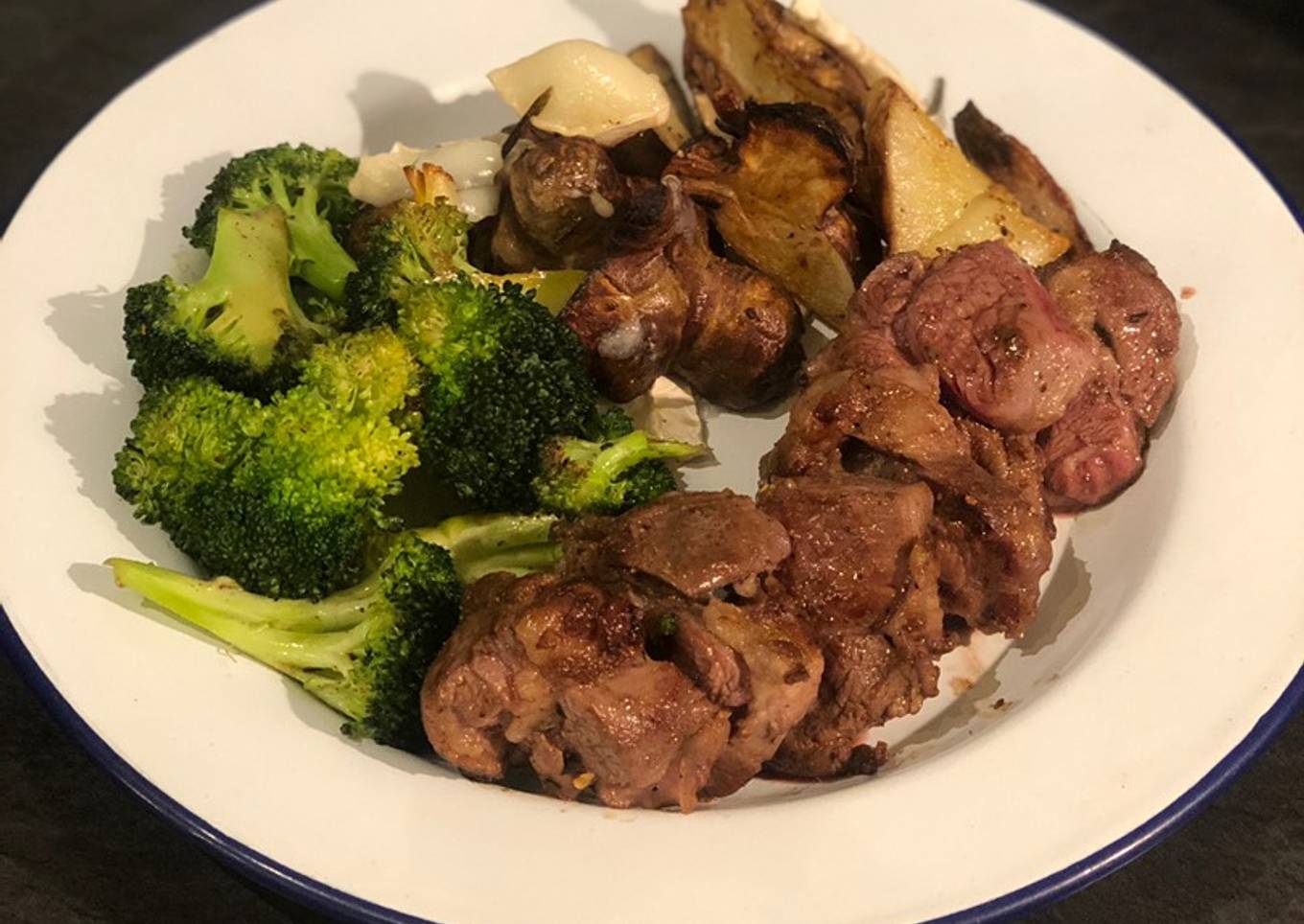 Curried lamb neck, roast Jerusalem artichokes and garlic broccoli