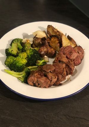 A picture of Curried lamb neck, roast Jerusalem artichokes and garlic broccoli.