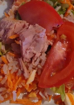 Una foto de Ensalada de atún, arroz, zanahoria, tomate y lechuga
