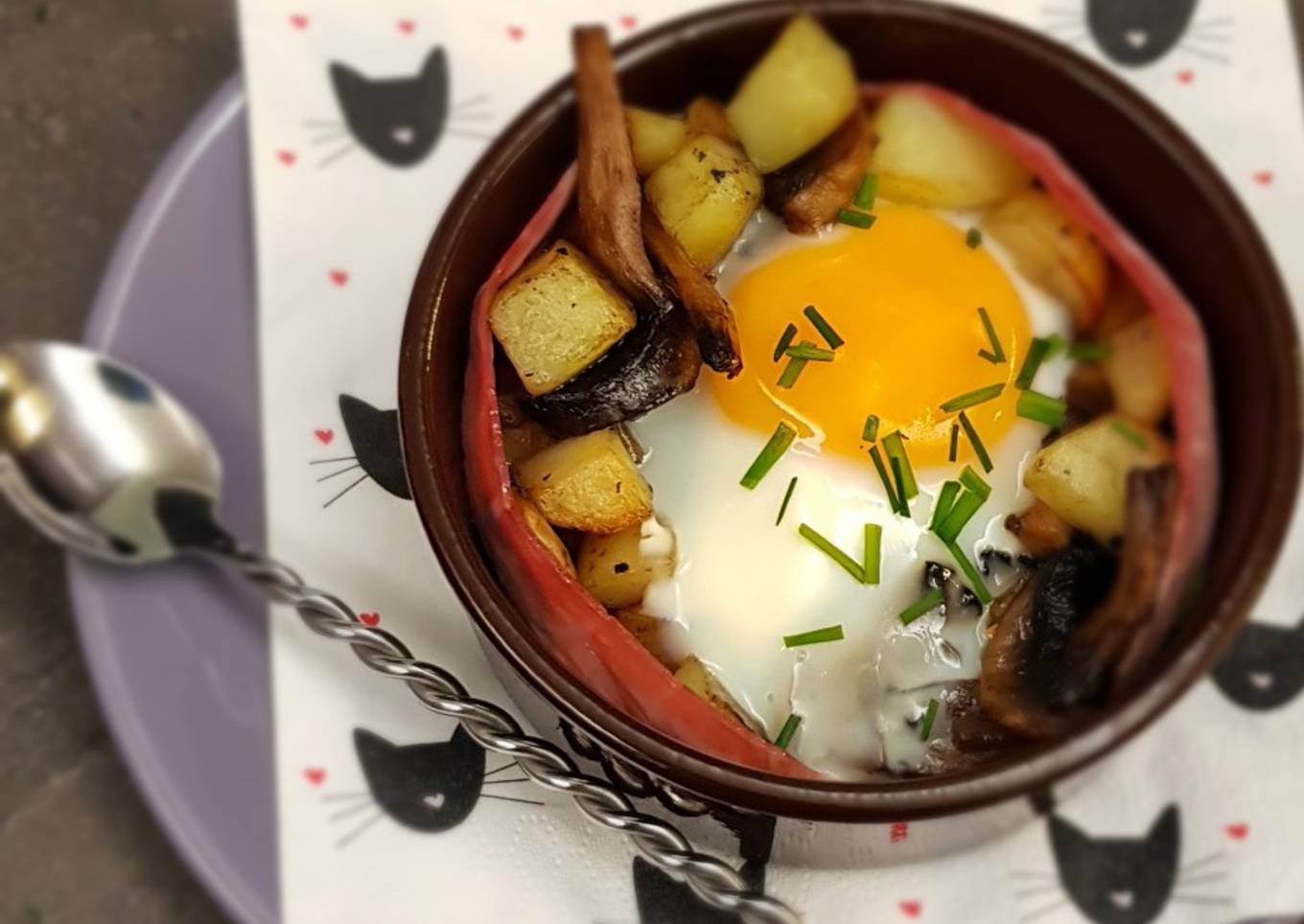 °oeuf cocotte pommes de terre, champignons et jambon°