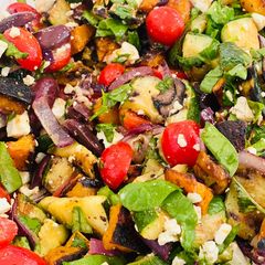 A picture of Grilled Vegetable Salad with Roasted Butternut Squash, and a Fresh Herb Lemon Dressing.