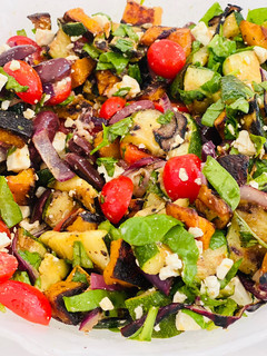 A picture of Grilled Vegetable Salad with Roasted Butternut Squash, and a Fresh Herb Lemon Dressing.