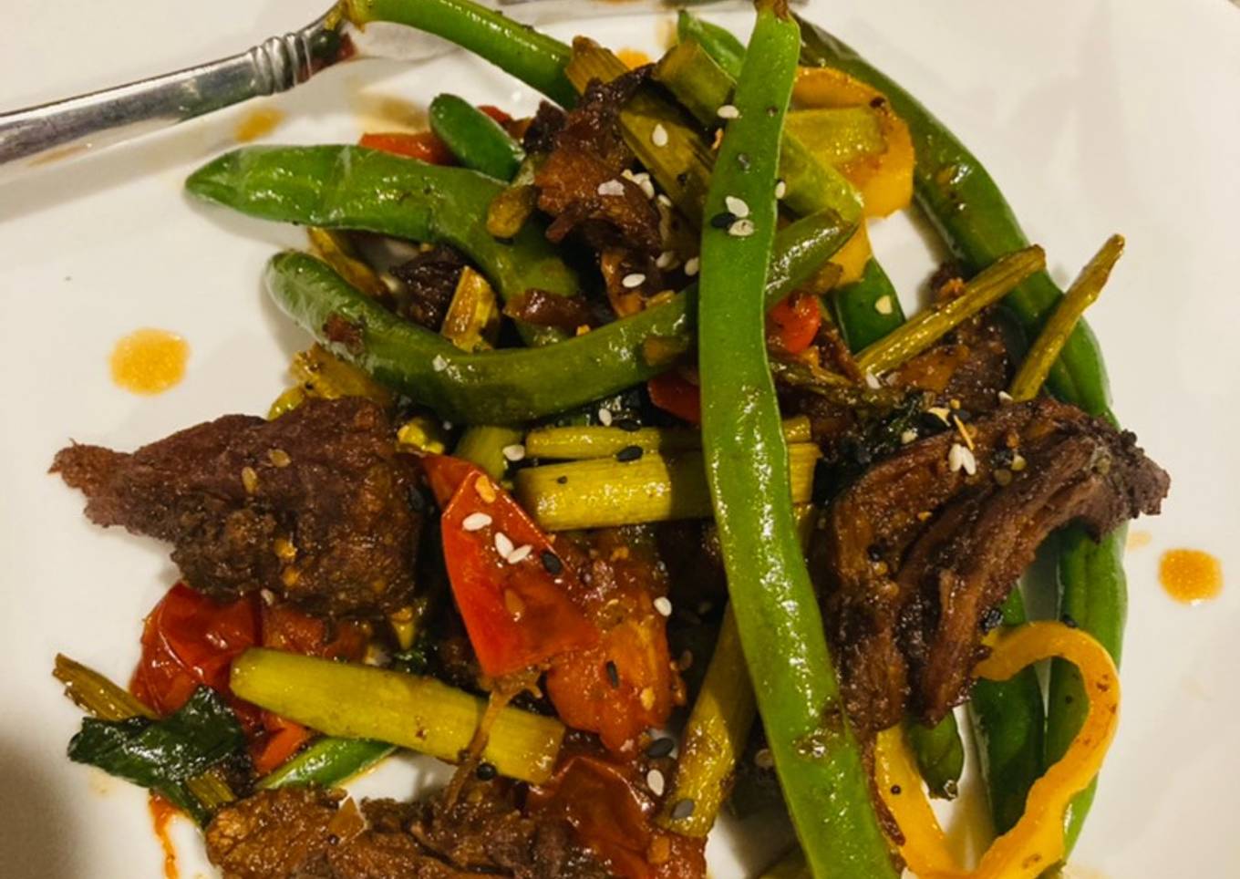 Beef Sesame Teriyaki stir fry (Trader Joe’s products)