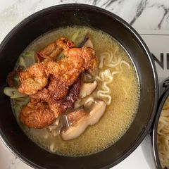 Shiitake, Miso, Chicken Noodle Soup & Crispy Chicken Skin A picture of Shiitake, Miso, Chicken Noodle Soup & Crispy Chicken Skin.