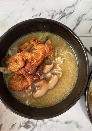 A picture of Shiitake, Miso, Chicken Noodle Soup & Crispy Chicken Skin.