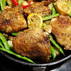 A picture of Lemon Dijon Chicken, potatoes and green beans.