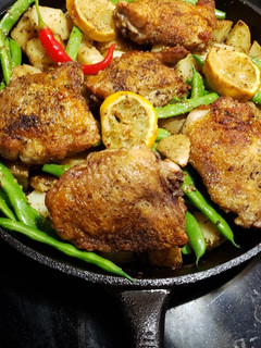 A picture of Lemon Dijon Chicken, potatoes and green beans.