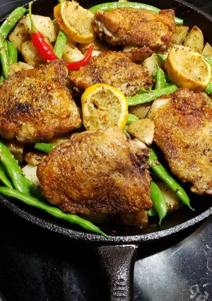 A picture of Lemon Dijon Chicken, potatoes and green beans.