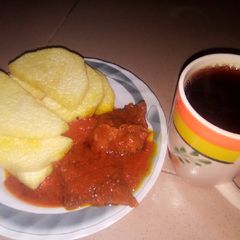 Fried yam and black tea A picture of Fried yam and black tea.
