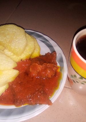 A picture of Fried yam and black tea.
