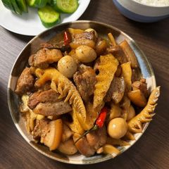 A picture of Braised Pork Belly & Quail Eggs w/ Bamboo Shoots | Thịt Kho Trứng Măng.