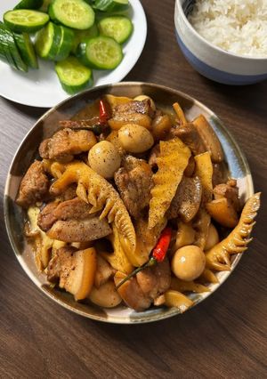 A picture of Braised Pork Belly & Quail Eggs w/ Bamboo Shoots | Thịt Kho Trứng Măng.