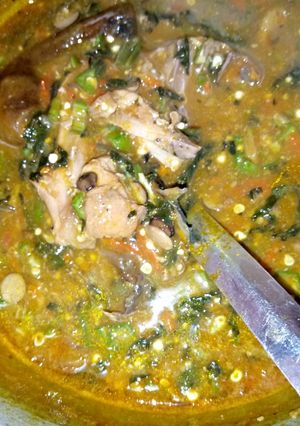 A picture of Ogbono, okro n bitter leaf.