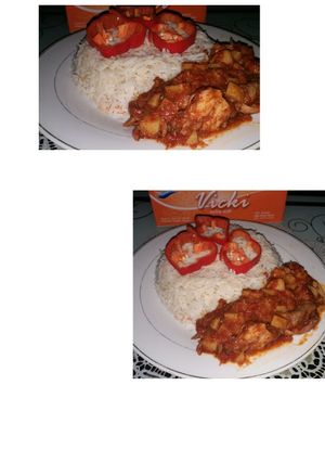 A picture of White rice with potatos soup.