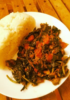 A picture of Amaranth (mchicha) with okra.