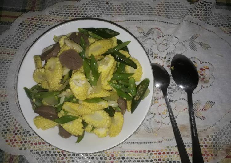 Tumis buncis, jagung muda dan bakso simple
